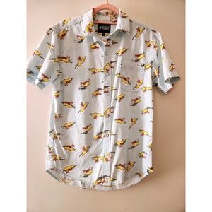 XXX RUDE Men's‎ Blue Surfing Corgi Button Down Shirt Size Small Short Sleeve
